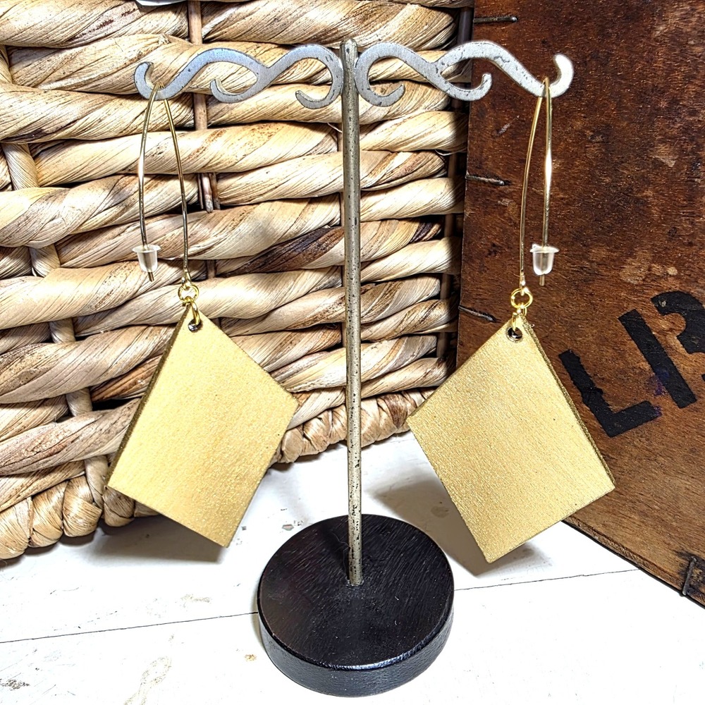 Handmade Abstract Wood Statement Earrings OOAK Blurple Gold‎ Metallic Dangles - Picture 2 of 7